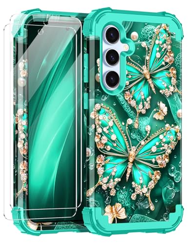Miqala for Galaxy S24 FE 5G Case,Glow in The Dark Three Layer Heavy Duty Shockproof Full Body Hard Plastic Bumper+Soft Silicone Protective Case for Samsung Galaxy S24 FE 5G,Blue Green