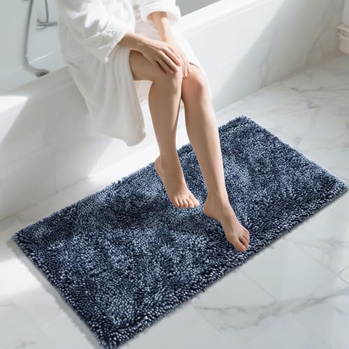 Image of Yimobra Long Bathroom Rug Non Slip 44x24 Inch, Extra Thick Soft Absorbent Chenille Bath Mat, Machine Washable Bath Rugs for Bathroom Floor, Tub and Shower, Home Decor Accessories, Light Blue