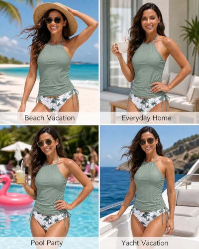 Image of Womens Two-Piece Tankini Set Cow Skull with Leopard Print Sets Swimwear Tankini Top Sets Swimwear