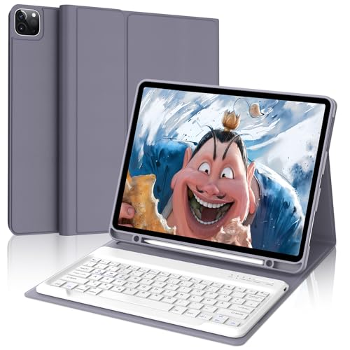 Hülle mit Tastatur für iPad Pro 12.9 Zoll (6. / 5. / 4. / 3. Generation), Deutsches QWERTZ Layout, Magnetisch Abnehmbarer abellos Bluetooth Tastatur für iPad 12,9 2022/2021/2020/2018, Lavendel lila
