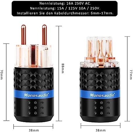 Monosaudio Paar HiFi Netzstecker + IEC C15 Anschlussaudiophiler Audiobauwerkstoff Reines Kupfer (E103/F103) 16A 250V Hig