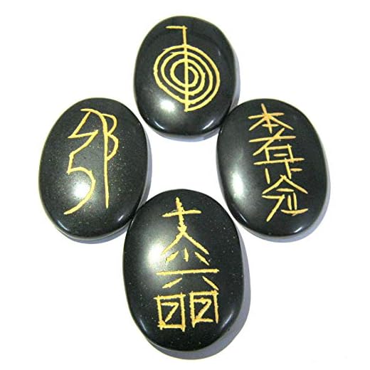crystalmiracle Exclusive Usui Reiki Symbol Carved Black Agate Four Stones Set Wellness Gift Crystal Healing Metaphysical Powerful Psychic Energy Meditation Health Wicca