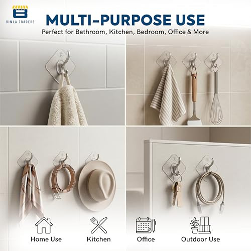 Image of Self Adhesive Wall Hooks - No Drill, Waterproof & Rustproof |Wall Hanging for Kitchen Tools, Bathroom, Bedroom Products Door Organizers Accessories Items |Easy Install (Transparent PO10)