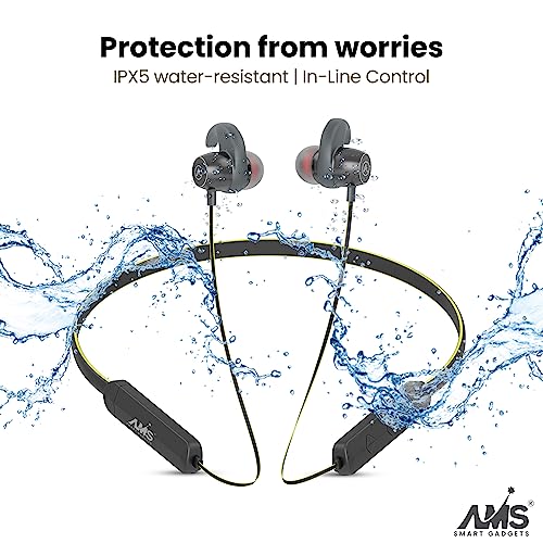 Image of AMS Royal Series Sports Wireless Neckband Earphone with Extra Bass Upto 35 Hours Playtime, Sweat & IPX5 Water Resistance, (NB22, Yellow)