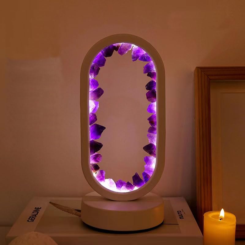 Lámpara de cristal natural con tres modos de luz y brillo ajustable, fuente de alimentación USB, amatista ovalada