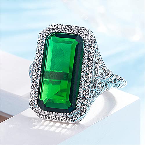 DTECGOUG 925 Sterling Silver Shiny Emerald Square Cut Green Simulated Emerald Vintage Silver Women's Ring Handmade Ring Single Stone Engagement Ring2
