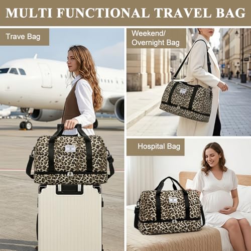 Image of PALAY Travel Bag Oxford Cloth Leopard Print Gym Bags with Shoe Compartment Large Capacity Waterproof Yoga Sports Bag Adjustable Portable Weekend Duffle Bags