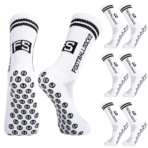 Apricitie 3 Paare Fussball Socken Kinder Fußballsocken Anti Rutsch Grip Jungen Fußball Socken Rutschfeste Sportsocken für Fussball Basketball Laufen Rugby Tennis(M, Weiß)