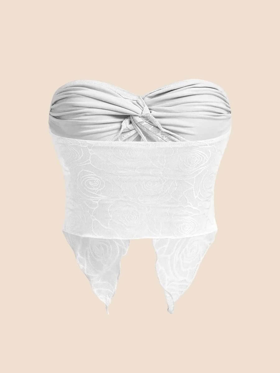 Meladyan Woman Twist Knot Front Split Embroidery Lace Crop Tube Tops Ruched Sheer Mesh Strapless Solid Crop Bandeau Tank Top - Image 3