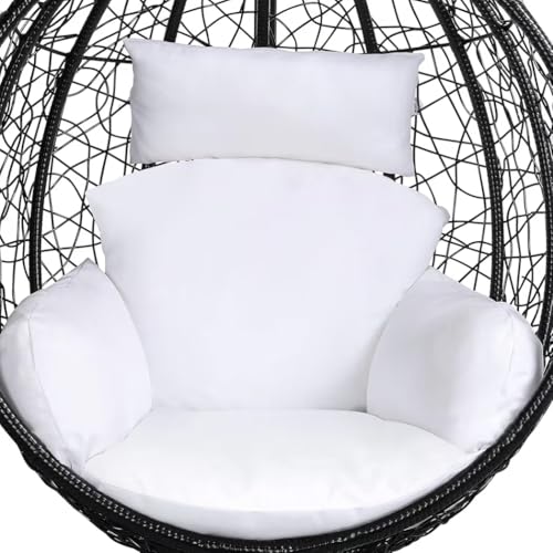 Image of Single Seater Swing Chair with Stand & Cushion Outdoor Indoor Balcony Garden Patio, Powder Coated Frame, UV-Protected Wicker, Premium Cushion, Swing Chair (Black-White)