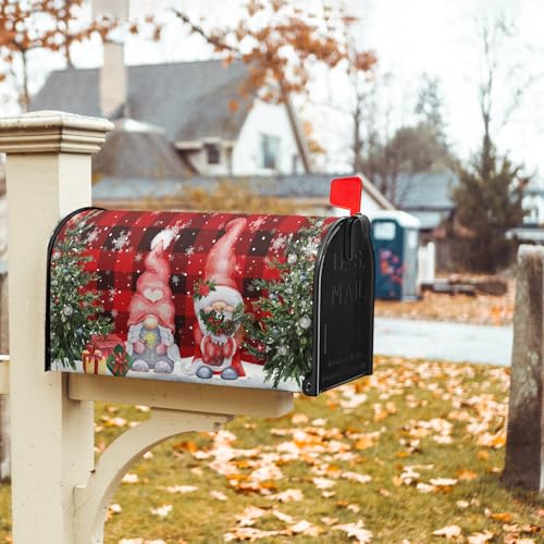 Image of Winter Gnomes Mailbox Cover Magnetic- Large Size 25.5x21 Inch- Christmas Trees Winter Snowflakes Red Black Buffalo Plaids Mailbox Wrap Post Cover for Yard Garden Outside Home Decor