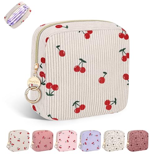 Image of Period Bag for Teen Girls, Corduroy Sanitary Napkin Pouch, C-Beige | Cherry Menstrual Pad Pouches Tampon Holder for Purse, Period Pouches for Storage Sanitary Napkin, Menstrual Cup, Pad, Tampo