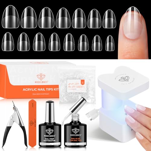 modelones Gel Nail Kit Almond, Upgraded 15Sizes Fake Nails 510Pcs, 9-in-One Glue Prep Dehydrator & Portable Mini U V Light Acrylic Clipper, Extra Short Almond Press on Tips Extension Kit