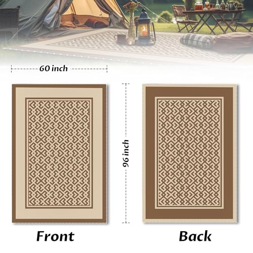 Image of Pafolo 5'x8' Outdoor Rug with LED Lights, Waterproof Plastic Straw Rug Reversible, Patio Rug with 4 Rug Stakes, Outside Carpet Mat for RV, Camping, Porch, Beach, Balcony, Picnic, Brown&White
