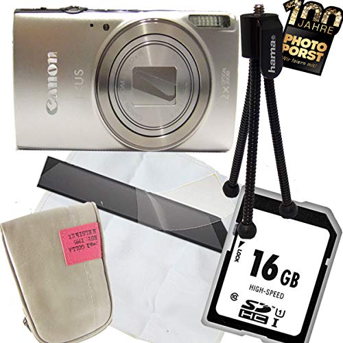 1A PHOTO PORST Jubiläums Angebot Canon Ixus 285 HS Silber+Ministativ+Display-Schutzfolie+SD 16 GB Speicherkarte+Tasche+Mikrofasertuch