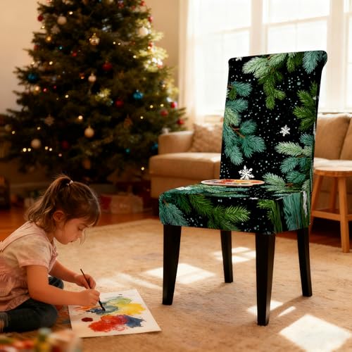 Image of Nuxovilar 6PCS Pine Branch Snowflake Stretch Chair Covers 23.6x70in | Holiday Slipcover Festive Protector Snowflake Wrap Seat Guard Dining Room Family Kitchen Gathering (Pine Branch)