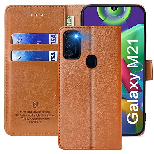 Xinyunew Braun Leder Klapphülle für Samsung Galaxy M21