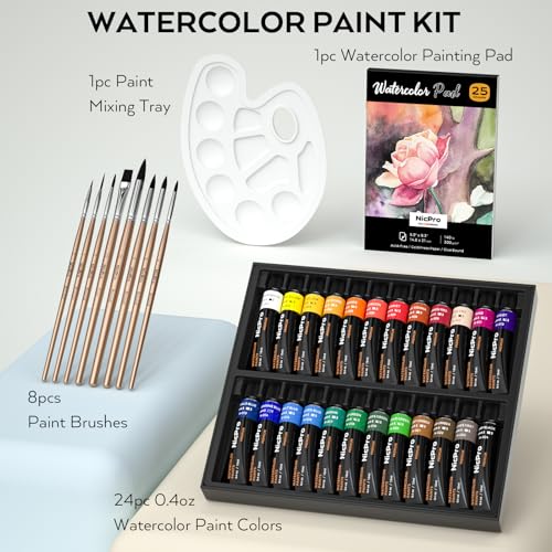 Nicpro 60 PCS Watercolour Paint Set for Adults, Beginner & Artists, 24 Tubes Water Colour Paint Kit with 25 Watercolor Paper, 8 Squirrel Paint Brushes, Palettes, Color Wheel, Art Painting Supplies