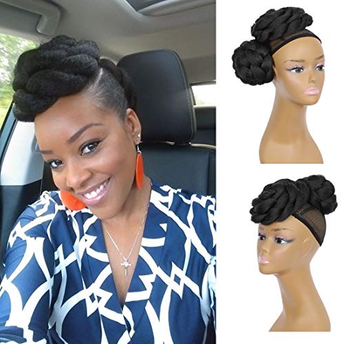 Lexqui 100% Braided Updo Bun Drawstring Black Hair Pieces for Black Women Natural Looking Yaki Japan-made Synthetic Quick and Easy Wear Wedding Updo Braids Hairpiece