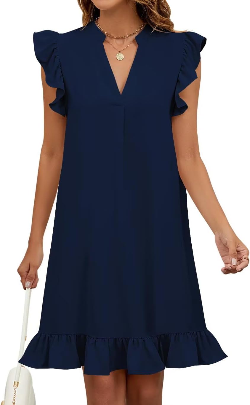 Wkior Summer Dresses for Women 2026 Casual V Neck Cap Sleeve Ruffled Hem T-Shirt Dress Flowy Swing Smock Mini Sundress