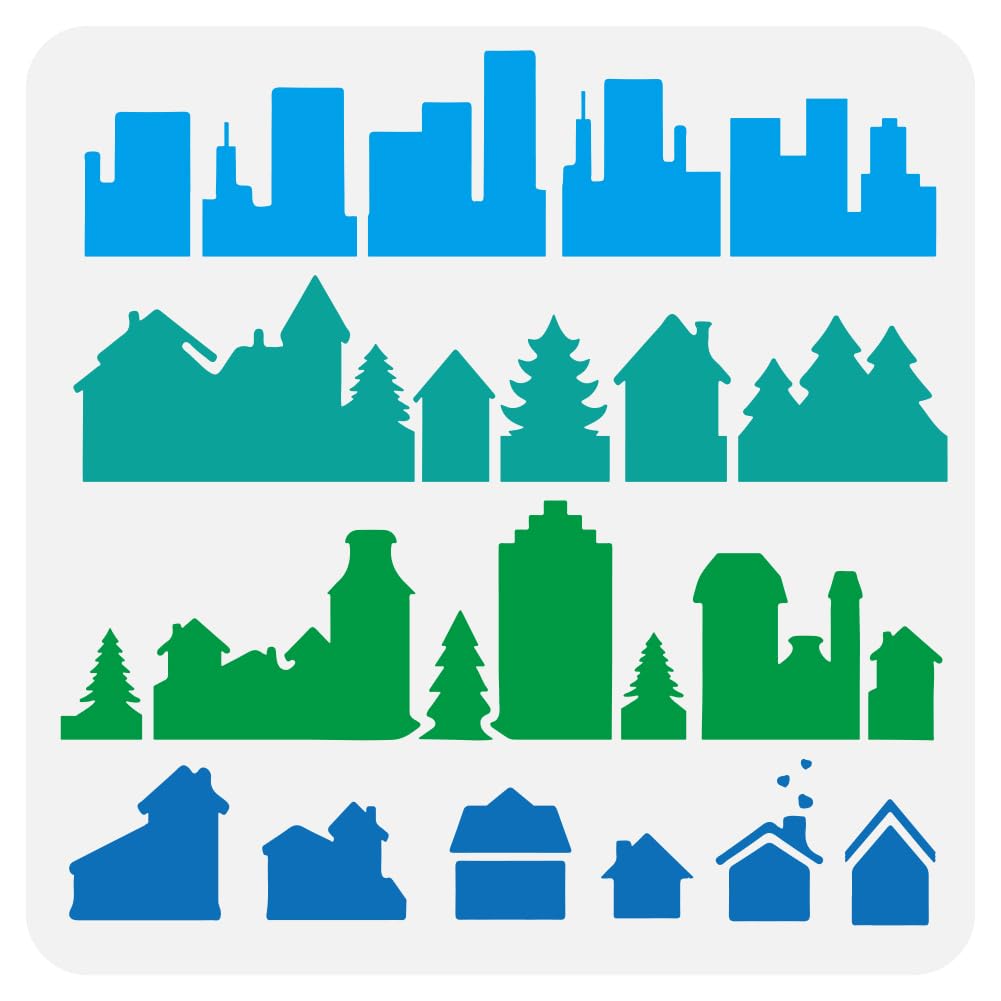 FINGERINSPIRE House Pattern Painting Stencil 11.8x11.8 inch Reusable House Landscape Plastic Stencil House Building Silhouette Stencil for Painting on Wood Wall Fabric Furniture DIY Home Decor โ image 1