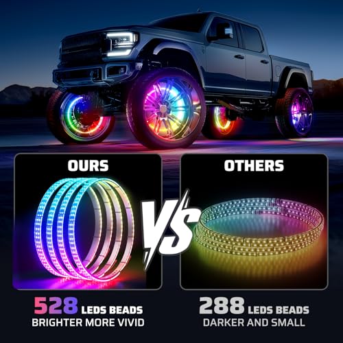Image of Ehaho 14''-18'' Double Row Adjustable Wheel Lights, Brighter RGB Chasing Rim Lights with App, Music Wheel Ring Light with Turn & Braking Signal Compatible with Various Trucks SUV Car（4PCS）