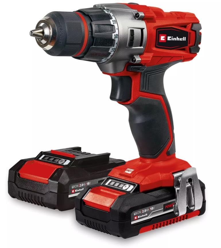 Einhell - Taladro atornillador inalámbrico TE-CD 18/2 Li (2 x 2,0 Ah) Power X-Change (18 V, 44 Nm, mandril autoapretando 10 mm, 20 niveles de par, con 2 baterías de 2,0 Ah y cargador)