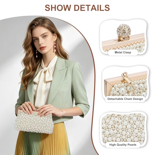 Image of UBORSE Women Pearl Clutch Bag Noble Crystal Beaded Evening Bag Wedding Clutch with Pearl Chain