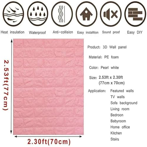 Image of KASHIVAL Self-Adhesive Waterproof PE Foam 3D Wall Panels Wallpaper Sticker for Bathroom, Living Room, Hotel and Home Decoration (70 x 70cm, Appx. 5.3Sq Feet) (JD Pink Brick)