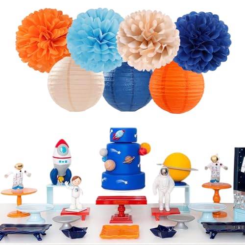 Image of Navy-Blue Orange Champagne Party-Decorations Paper-Flowers - 15pcs Fall Birthday Baby Bridal Shower Tissue Pom Poms Lanterns Streamers Honeycomb, Wedding Bachelorette Hanging Supplies Decor Hugfond