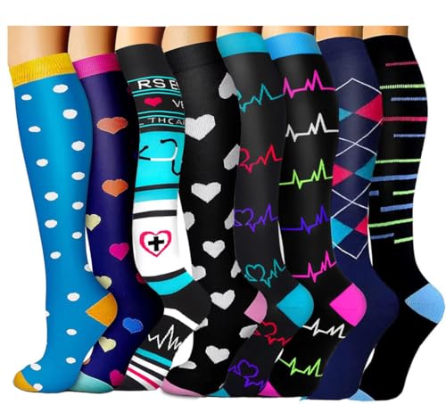 Tlynsnil Calcetines de Compresión para Mujeres y Hombres, 8 Pares Medias de Compresion 15-20 mmHg para Embarazo Viajes Vuelo Ciclismo Enfermera Correr Médicos Atletismo