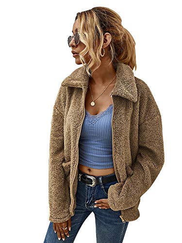 Comeon Woman Fauxs Fur Coat Lapel Shearling Teddy Jacket Zip Cardigan Outwear (Khaki,S)