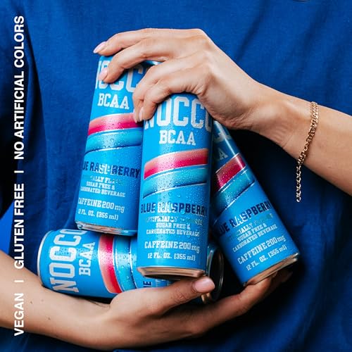 Image of NOCCO Zero Sugar Energy Drink, Blue Raspberry - 12 Fl Oz (Pack of 12) - 180mg Caffeine, Sugar Free, BCAAs - Branched Chain Amino Acids, Carbonated & Low Cal, B Vitamins, Grab & Go Performance Beverage