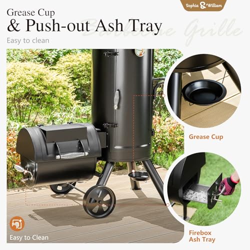 Image of Sophia & William Heavy-Duty Vertical Offset Charcoal Smoker Extra Large Outdoor BBQ Gill with Offset Smoker, 961 SQ.IN. Cooking Area with Warming Tray,Push-out Ash Tray for Event Gathering, Black