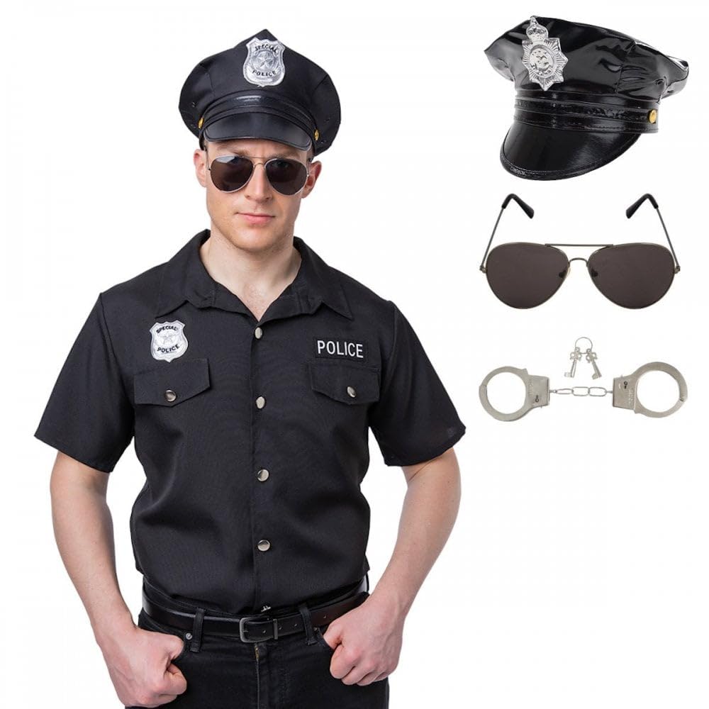 Titch & Timbo Adult Mens Police Shirt + Cop Hat (NYPD, USA or UK Options) + Aviator Sunglasses + Handcuffs : Policeman Officer Copper Fancy Dress Costume Set (Black (NYPD Cop), Extra Large)