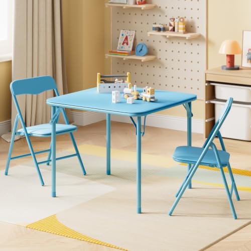 Image of JOYMOR Kids Folding Table and Chairs Set, 3-Piece Metal Frame Activity Set with Easy-Fold Design for Playroom & Classroom, Blue
