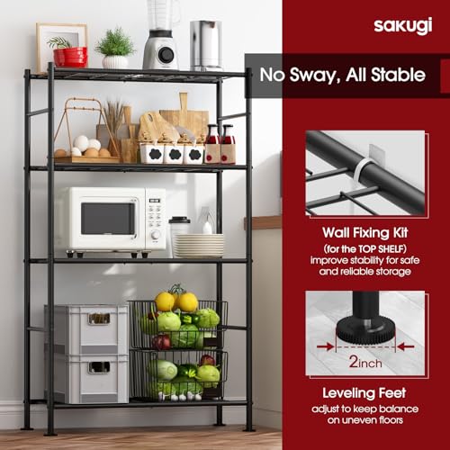 Storage Shelves - 4 Tier Shelf Organizer, Heavy Duty Garage Shelving Unit with Leveling Feet, Stable Metal Shelves Organizer for Pantry, Kitchen and Closet, 33.0" W x 12.6" D x 57.2" H, Black