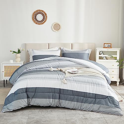 Litanika Twin/Twin XL Comforter Set Dorm Bedding Grey, 2 Pieces Twin Extra Long Comforter & Sets Light Gray White Colorblock Stripe, All Season Bed Set