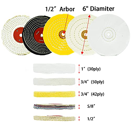Scottchen Buffing Polishing Wheels 6In X 1/2In Arbor Soft (30Ply) / Fine (50Ply) / Medium (42Ply) / Coarse (50Ply) / Rough (5Ply) For Bench Grinder - 5Pcs #TOP1