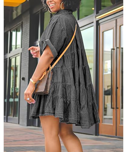 Image of Womens Denim Babydoll Dresses Summer Outfits Button Down Ruffle Tiered Jean Dress