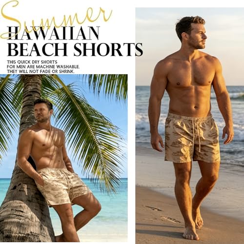 Image of Men's Swim Trunks with Compression Liner, Quick Dry Hawaiian Swimwear Bathing Suit Drawstring Board Shorts