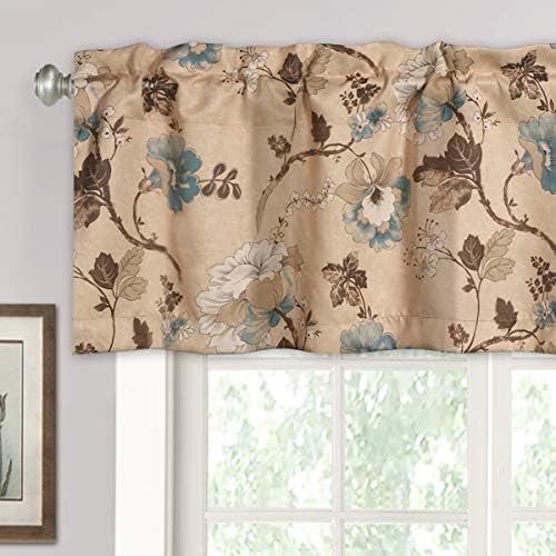 H.VERSAILTEX Blackout Curtain Valances for Kitchen Window/Living Room/Bathroom Privacy Added Rod Pocket Home Decoration Winow Valance, 52" W x 18" L, Floral in Brown and Blue