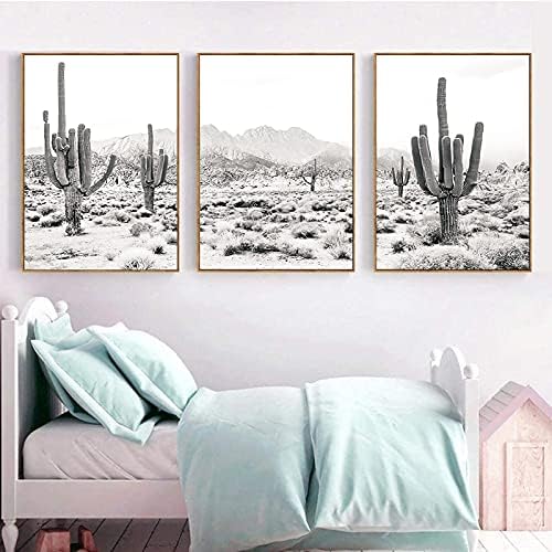 VLOLIFE Desert Landscape Black and White Print Photography Poster Saguaro Cactus Art Canvas Painting Picture Home Wall Art Decor , 16X24inchX3 Unframed
