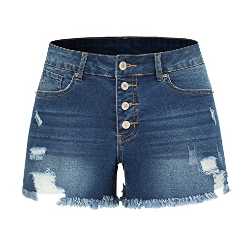 Image of THUNDER STAR Women Mid Rise Ripped Stretchy Jeans Shorts Frayed Raw Hem Casual Denim Shorts
