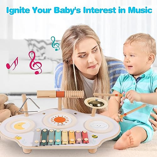 Image of Twefex Kids Drum Set - 9 in 1 Baby Drum Set for Toddlers - Montessori Musical Instruments Toy for Babies - Wooden Xylophone Musical Toys for Boys and Girls