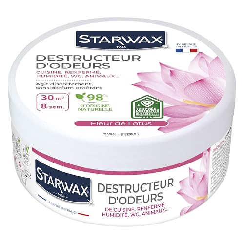 STARWAX - Destructeur d'odeurs - Elimine les odeurs de cuisine, de renfermé, d'humidité, WC, animaux - Jusqu'à 8 semaines - 98% d'origine naturelle - Parfum fleur de lotus - Fabriqué en France