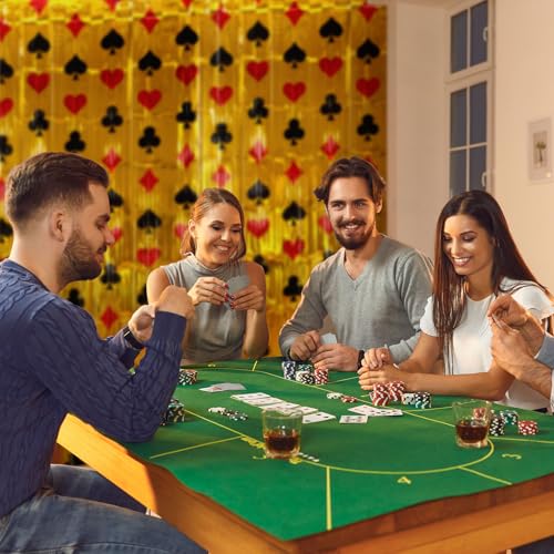 Image of Feifeiya 2 Pack Casino Theme Party Decorations 3.3 x 6.6 ft Foil Fringe Curtains Metallic Gold Tinsel Streamers with Red Black Poker Card Patterns for Game Night Bachelorette Graduation