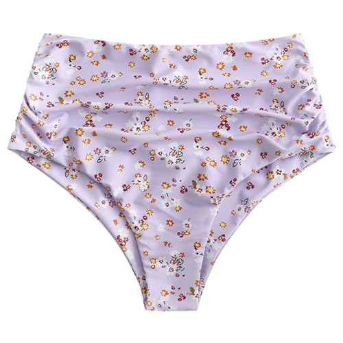 Image of ZAFUL Women High Waisted Bikini Bottoms Ruched Swimsuit Bottom Tummy Control Bathing Suit Bottoms Purple Floral L