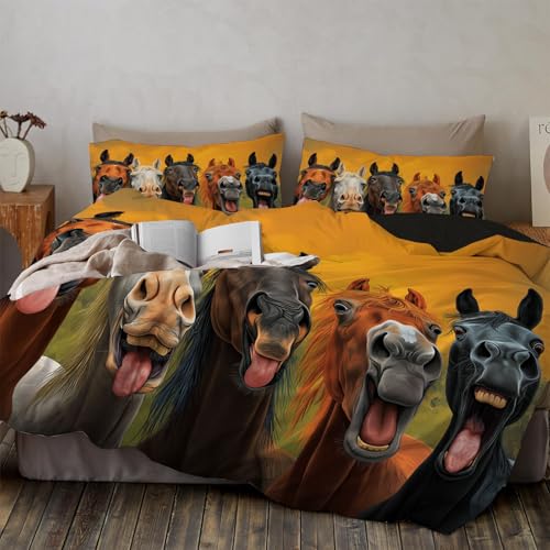 Juego De Ropa De Cama para Caballos Sacando La Lengua, Animales Divertidos Y Peculiares Funda para Edredón con Cremallera, Microfibra Suave Funda Nordica con 1 Fundas de Almohada, 135x200cm