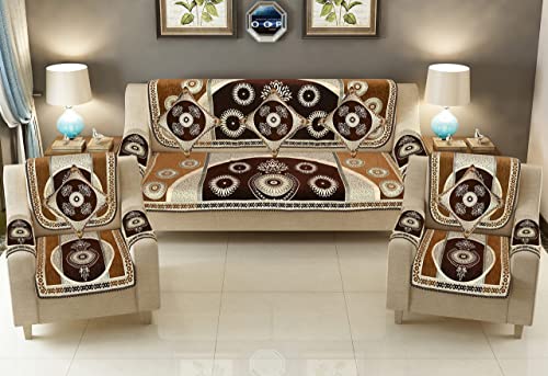 Image of SAWNA Homes Chenille Sofa Cover with Cushion Cover - 3+1+1 Sofa Covers Back 5 Seater Slipcovers for Home - 3 Seater & 2 Seater Protector Panels for Sofa Couch, Chiku & Coffee